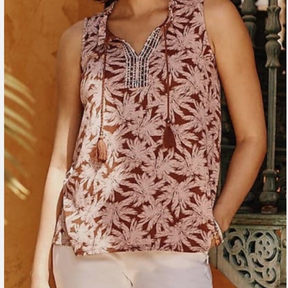 Bellissima Tasseled Top Peasant Blouse Tassel Split Neck Floral- Medium Petite - Picture 5 of 8